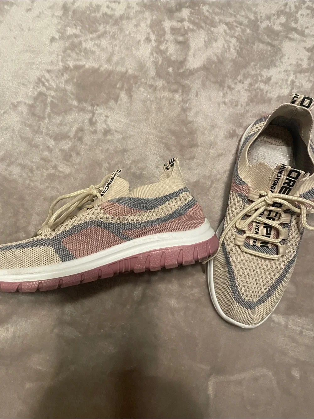 Beige Knit Slip-On Athletic Sneakers with Lace-Up Detail